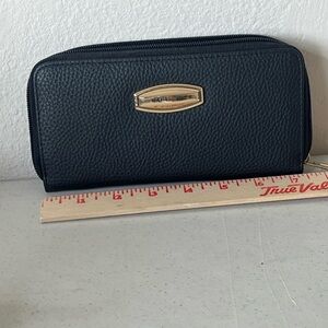 Black Pebbled Zip-Around Wallet with Gold Accent